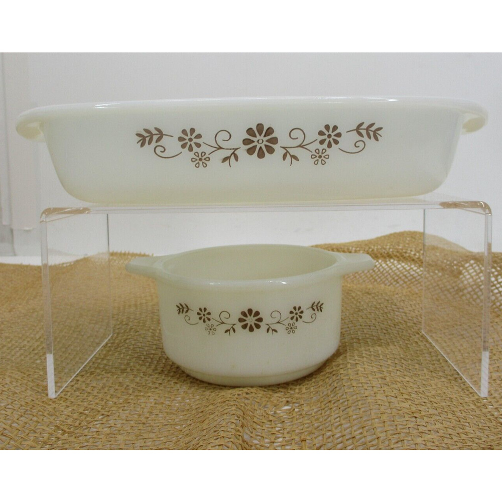 Lot 2 Vintage 1960s Dynaware Milk Glass Brown Daisy like pyrex Pyr-O-Rey bowl